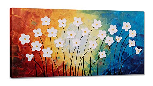 Yihui Arts Hand Painted Textured Flower Oil Painting on Canvas - Colorful Abstract White Floral Artwork for Home Decor, Modern Wall Art for Living Room, Bedroom, Office - color: Big Floral Art, size: 48"L x 24"W