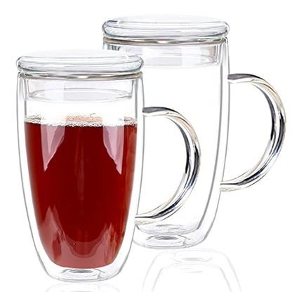15 Oz Double Walled Glass Coffee Mugs, 2 Packs Clear Coffee Mugs with Lids Insulated Coffee Cups with Handle Perfect for Cappuccino,Tea,milk ,Espresso,Latte, Hot Beverage Set of 2 (Glass lid, 15oz) - color: 15oz