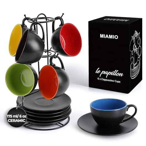MIAMIO - Set of 6, Ceramic Stackable Cappuccino Cups Set / 6 Ounce Cappuccino Mugs and Saucer with Metal Stand for Coffee Drinks, Cafe, Latte, Americano and Tea - Le Papillon Collection (Mixed) - color: Mixed