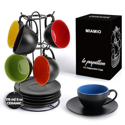 MIAMIO - Set of 6, Ceramic Stackable Cappuccino Cups Set / 6 Ounce Cappuccino Mugs and Saucer with Metal Stand for Coffee Drinks, Cafe, Latte, Americano and Tea - Le Papillon Collection (Mixed) - color: Mixed