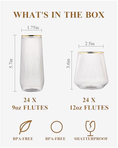 BESTSTAR 48Pack Gold Rim Disposable Ribbed Origami Ripple Plastic Glasses | 24 9 OZ Stemless Champagne Flutes & 24 12OZ Cups, BPA-Free Shatterproof Clear Drinkware for Weddings, Parties & Events - color: Clear Gold Rim Ribbed