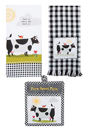 Just Jazzle Kay Dee Designs Farm Charm Farmhouse Cow Kitchen Towel and Oven Mitt Bundle, Set of 3