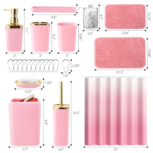 XLHOMO Bathroom Set - Pink Bathroom Sets with Shower Curtain and Rugs, 24PCS Shower Curtain Set with Hooks, Soap Dispenser, Soap Dish, Toilet Brush Holder and Trash Can for Housewarming - color: Pink and Gold, size: Bathroom Set+Shower Curtain+Bath Rugs