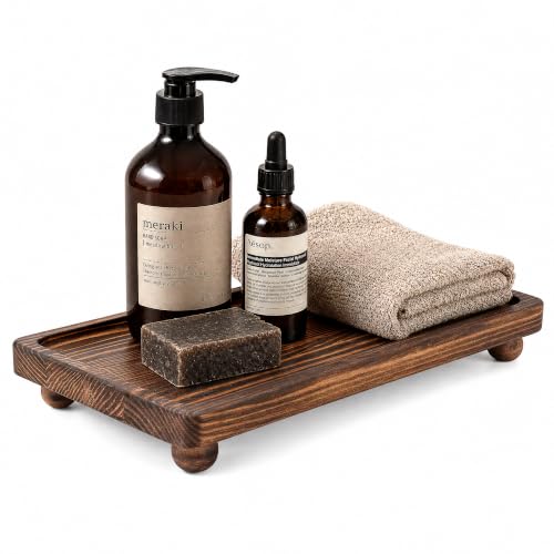 Pine Wood Bathroom Tray for Kitchen Counter, Sink, Vanity, Vintage Brown | Raised ball feet, Rounded edge, Water-resistant finish, Wooden soap dish tray, Farmhouse decor, Bathroom & Kitchen Organizer - color: Vintage Brown