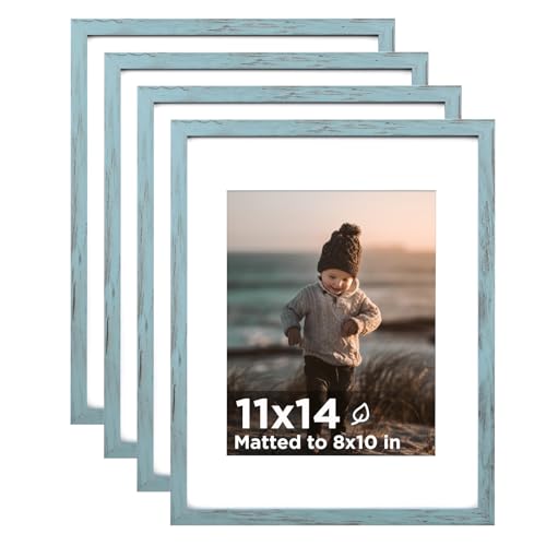 11x14 Picture Frame Set of 4, Wooden 14x11 Photo Frames with Plexiglass for 8x10 Picture with Mat or 11x14 Without Mat, Collage Wall Gallery and Tabletop Display, 11 x 14 Frame Turmaline Blue - color: Turmaline Blue, size: 11x14