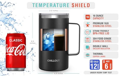 CHILLOUT LIFE Stainless Steel 20 oz Vacuum Insulated Coffee Mug with Handle and Lid, Large Thermal Camping Coffee Mug Cup with Durable Sliding Lid for Men & Women, Keeps your Beverages Hot/Cold - color: Black, size: 20 Ounces