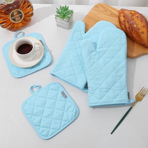 Oven Mitts and Pot Holders 4 pcs Set,High Heat Resistant 500 Degree Extra Thicken Long Kitchen Cotton Oven Glove for Cooking (12 Inch,Light Blue) - color: Cotton-light Blue