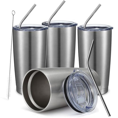 COMOOO 20oz Stainless Steel Tumbler Bulk Double Wall Vacuum Coffee Cup Insulated Travel Mug with Lid and Straw Durable Powder Coated Insulated Coffee Cup for Cold & Hot Drinks (silver, 4 pack - color: Silver