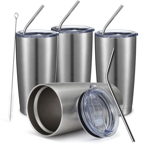 COMOOO 20oz Stainless Steel Tumbler Bulk Double Wall Vacuum Coffee Cup Insulated Travel Mug with Lid and Straw Durable Powder Coated Insulated Coffee Cup for Cold & Hot Drinks (silver, 4 pack - color: Silver