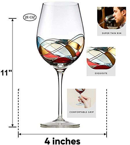 Bezrat Red Wine Glasses Set of 2, Hand Painted Wine Glass, Drinkware Essentials, 11" H, 28oz Wine Lover Large Glass, Glassware Gifts Ideas for Women Inspired by 'Duomo di Milano' Mothers Day (Red) - color: Gold, size: 28 ounces