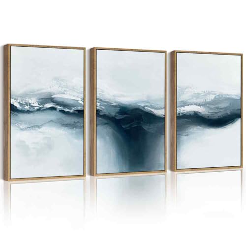 PHOPAGO Blue Abstract Framed Wall Art Large 16x24in Ocean Landscape Wall Decor Modern Art Paints for Living Room Bedroom - Natural Framed - color: Navy Blue Abstract, size: 24L" x 16W" x 3 Pcs Natural