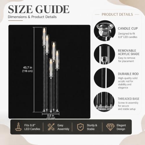 2pcs 5-Arm Acrylic Candelabra Centerpieces for Tables, Sturdy Solid Rods 45.7" Tall Floor Candle Holders Set for Wedding Birthday Party Home Decor, Fits 0.8" LED Taper Candles, Clear