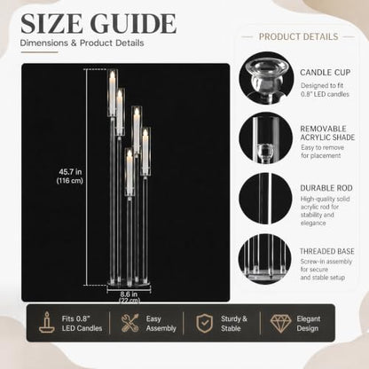 2pcs 5-Arm Acrylic Candelabra Centerpieces for Tables, Sturdy Solid Rods 45.7" Tall Floor Candle Holders Set for Wedding Birthday Party Home Decor, Fits 0.8" LED Taper Candles, Clear