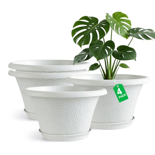 Quarut 12 Inch Pots for Plants,4 Pack Large Flower Pots with Drainage Hole | Modern Planters for Indoor Outdoor Plants,Decorative Resin Garden Pots with Saucer,White - color: Diamond Pattern-white, size: 12 inch-4 Pack