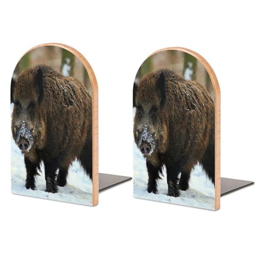 Heavy Duty Non-Slip Beech Wood Bookends, 1 Pair Adjustable Book Ends with Metal Base, Sturdy Book Organizer for Shelves, Home Office Library Trees Jungle Tusks Winter Snow in The Forest - color: Trees Jungle Tusks Winter Snow in the Forest
