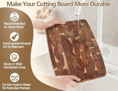 XINZUO Small Acacia Wood End-Grain Kitchen Cutting and Serving Board, for Kitchen, 14" x 9" Reversible Wooden Chopping Board for Meat, Cheese, Fruit & Vegetables,Easy to Clean(Rectangular) - size: 14.1"L x 9.4"W