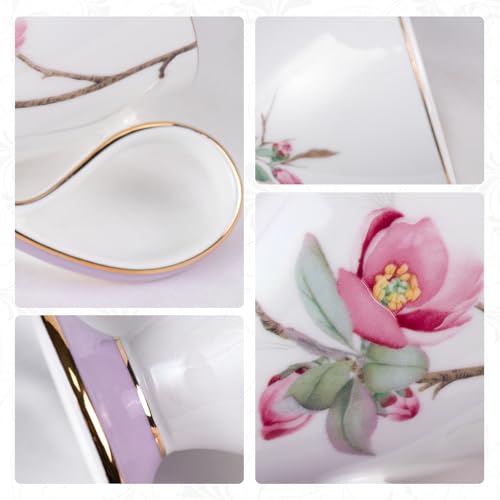 KAMMAK Tea Cups Set of 2,Ceramic Floral Pattern Demitasse Cup | Porcelain Espresso Cup with Saucer, 8.45 oz Handmade Elegant Bone China Tea Cups for Latte, Americano, Cappuccino - color: Water Lily & Winter sweet