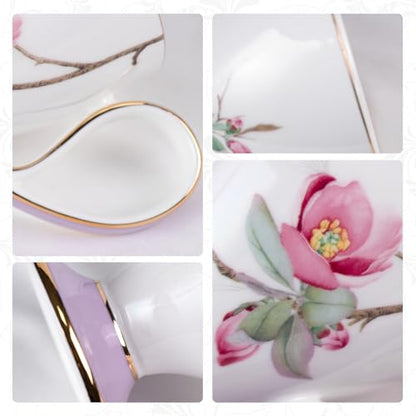 KAMMAK Tea Cups Set of 2,Ceramic Floral Pattern Demitasse Cup | Porcelain Espresso Cup with Saucer, 8.45 oz Handmade Elegant Bone China Tea Cups for Latte, Americano, Cappuccino - color: Water Lily & Winter sweet