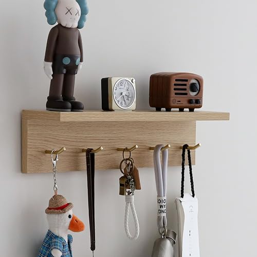 Marine Plywood Wall Mounted Coat Rack with Shelf & Key Hooks, 5 Brass Hooks Entryway Organizer, Modern Floating Shelf for Bedroom Hallway, Space-Saving Home Storage Rack (1, Oak Finish) - color: Oak Finish