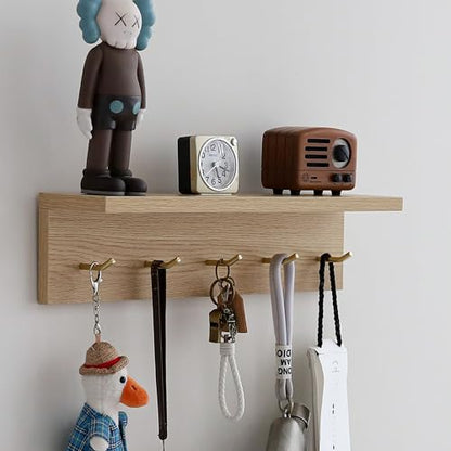 Marine Plywood Wall Mounted Coat Rack with Shelf & Key Hooks, 5 Brass Hooks Entryway Organizer, Modern Floating Shelf for Bedroom Hallway, Space-Saving Home Storage Rack (1, Oak Finish) - color: Oak Finish
