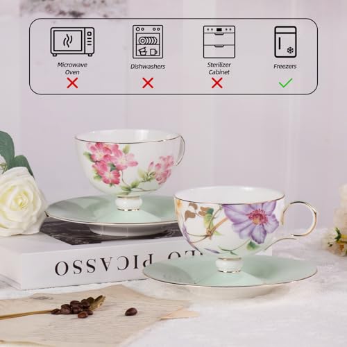 KAMMAK Tea Cups Set of 2,Ceramic Floral Pattern Demitasse Cup | Porcelain Espresso Cup with Saucer, 7.44 oz Handmade Elegant Bone China Tea Cups for Latte, Americano, Cappuccino - color: Begonia + Passionflower