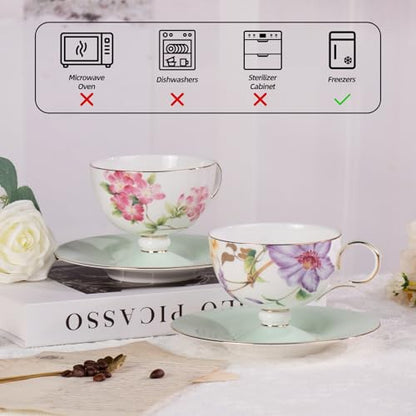 KAMMAK Tea Cups Set of 2,Ceramic Floral Pattern Demitasse Cup | Porcelain Espresso Cup with Saucer, 7.44 oz Handmade Elegant Bone China Tea Cups for Latte, Americano, Cappuccino - color: Begonia + Passionflower