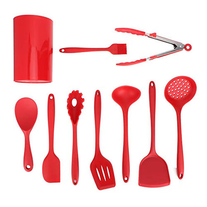 9 Piece Silicone Kitchen Utensil Set with Storage Holder - Non Stick Cooking Tools, Turner, Spatula, Heat Cookware, Red