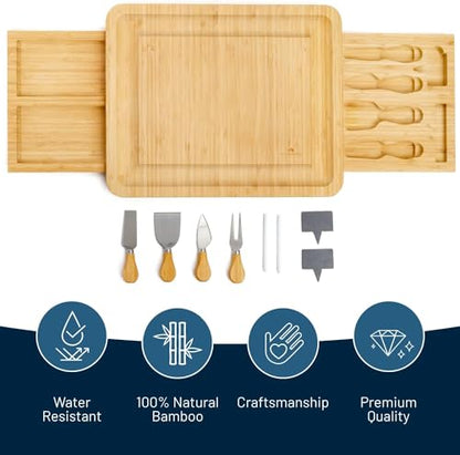 Bamboo Cheese Board and Knife Set with 2 Slide-Out Cutlery Drawers | Charcuterie Boards Set & Cheese Platter - Ideal Anniversary, Wedding and Housewarming Gift - style: Large Cheese Board Set