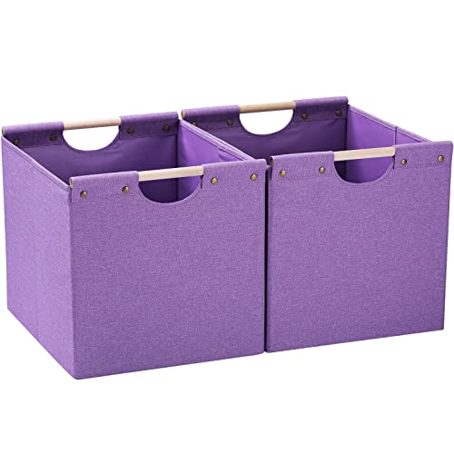 HOONEX Large Foldable Storage Bins, Linen Fabric, Pack of 2, Storage Baskets with Wooden Carry Handles and Sturdy Heavy Cardboard, for Home, Office, Car, Nursery, Purple - color: Purple
