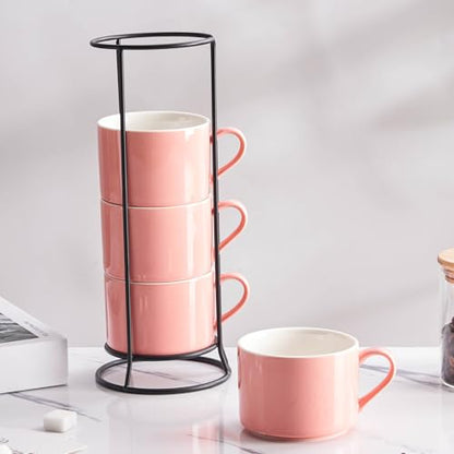 10oz Porcelain Stackable Coffee Mugs and Metal Stand Set of 4, Espresso Cups Set for Hot Drinks, Cappuccino, Tea-Pink - color: Pink