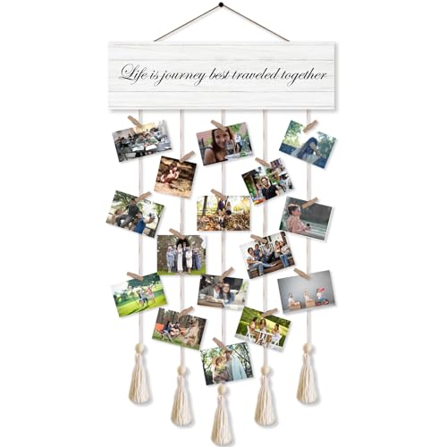 Life Is A Journey Best Traveled Together Hanging Photo Display With 16 Clips 5 Strings,Rustic Style Picture Collage Frames Wall Decor Wood Hanging For Home Bedroom Décor,Housewarming Gift - color: Life is A Journey