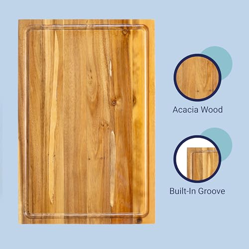 happimess Eldridge Large 18" x 12" Acacia Cutting Board, Natural | Handcrafted, 1 Inch Thick, Reversible Design, Juice Grooves, Authentic Wood Grain, Rectangular, Farmhouse Style - color: Natural, size: 18"L x 12"W