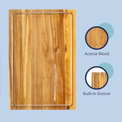 happimess Eldridge Large 18" x 12" Acacia Cutting Board, Natural | Handcrafted, 1 Inch Thick, Reversible Design, Juice Grooves, Authentic Wood Grain, Rectangular, Farmhouse Style - color: Natural, size: 18"L x 12"W