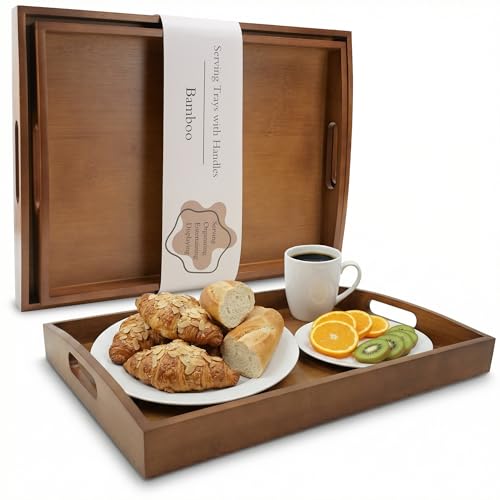Bamboo Serving Tray with Handles, Wooden Serving Tray Set of 2 | Decorative Serving Trays with Handles for Living Room, Kitchen, Eating, Coffee Table, Outdoor and Storing - Acacia Wood Color - color: Acacia Wood Color