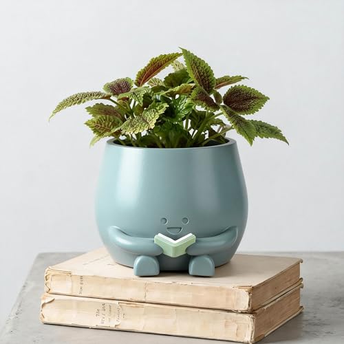 ZSHAWN Smiley Face Planter, Book Lover Plant Pot, Resin Bookworm Planter with Drainage Hole Plug, Cute Reading Succulent Pot Happy Face Indoor Desk Bookshelf Home Decor Blue - color: Light Blue