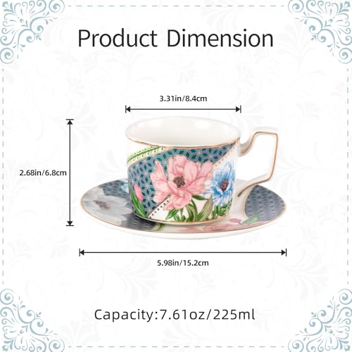 KAMMAK Tea Cups and Saucers Set of 2, Porcelain Coffee Cups, NX045 | Gold Rim, Stackable Espresso Mugs, Ceramic Demitasse for Coffee, Latte, Americano, Afternoon Tea, Elegant Gift for Women - size: 8CZNX045+46