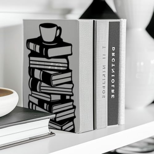 5.3"x4.3"x7.9" Metal Bookends, Heavy Duty Book Ends for Shelves | Book Stacks and Teacup Theme Cast Iron Book Supports, 1 Pair Decor Stoppers for Desk, Library, Office & Home Shelves - style: Book Stacks and Teacup