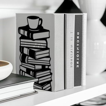 5.3"x4.3"x7.9" Metal Bookends, Heavy Duty Book Ends for Shelves | Book Stacks and Teacup Theme Cast Iron Book Supports, 1 Pair Decor Stoppers for Desk, Library, Office & Home Shelves - style: Book Stacks and Teacup