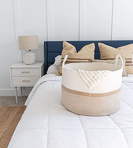 OrganiHaus Round Toy Basket & Blanket Basket, Cotton Rope 20x13" | Striped Honey - Round Cotton Rope Basket, 20x13" - color: Striped Honey, size: Wide