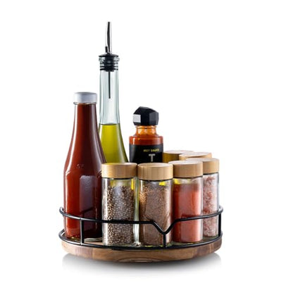 9" Acacia Wood Lazy Susan Revolution Turntable w/Black Wire – Rotating Kitchen Organizer for Table, Pantry, or Cabinet, Rustic Wood Finish, 360° Spin