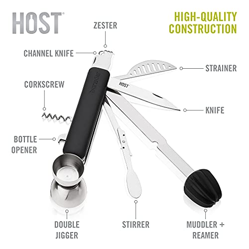 HOST All in One Bartender Multitool Set, 10 in 1 Bar Tool with Strainer, Muddler, Reamer, Jigger, Stirrer, Zester, Corkscrew, Opener, Knife and Channel Knife for Camping, Travel and Outdoor Use - style: Bar10der 10 in 1 Tool
