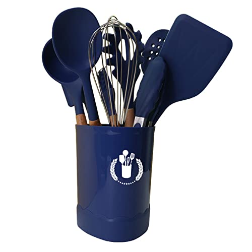 Dark Blue Silicone Kitchen Cooking Utensils Set, Heat Resistant Gadgets with Wooden Handle, Silicone Spoons, Spatula, Whisk for Nonstick Cookware - color: Dark Blue 11p