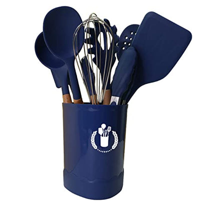 Dark Blue Silicone Kitchen Cooking Utensils Set, Heat Resistant Gadgets with Wooden Handle, Silicone Spoons, Spatula, Whisk for Nonstick Cookware - color: Dark Blue 11p