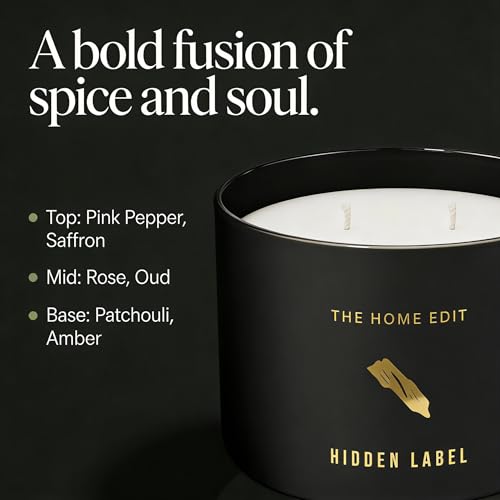 Hidden Label Black Oud Pepper Soy Candle, 10oz 2-Wick, 45H Bold Spice | Strong Masculine Aromatherapy | Non-Toxic Phthalate-Free | Even Melt No Tunneling | Luxe Reusable Glass Gift - color: Black oud