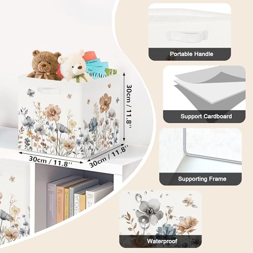 Clastyle 11.8" Flower Storage Basket Set of 3 for Kid Women Toy Clothes Bin | Collapsible Fabric Book Bin, Metal Frame Bottom Board, Cube Organizer, Closet Nursery Pantry Shelf Bedroom, Boho Meadow - color: Brown