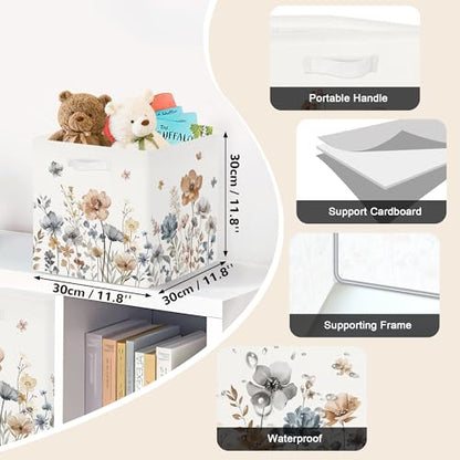 Clastyle 11.8" Flower Storage Basket Set of 3 for Kid Women Toy Clothes Bin | Collapsible Fabric Book Bin, Metal Frame Bottom Board, Cube Organizer, Closet Nursery Pantry Shelf Bedroom, Boho Meadow - color: Brown