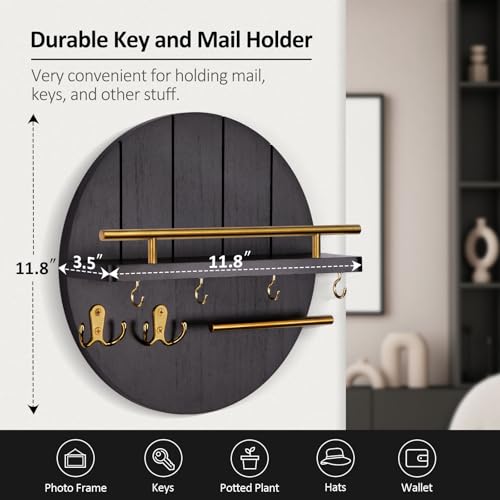 Nekon Wall Mount Key Holder, 11.8 Inch Rack With Shelf and 6 Hooks, Rustic Mail Organizer, Circular Wooden Hanger for Entryway Hallway Kitchen (Black&Gold) - color: Black&Gold