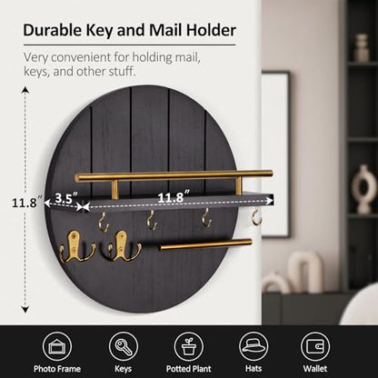 Nekon Wall Mount Key Holder, 11.8 Inch Rack With Shelf and 6 Hooks, Rustic Mail Organizer, Circular Wooden Hanger for Entryway Hallway Kitchen (Black&Gold) - color: Black&Gold