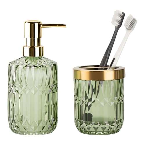RRM Glass Bathroom Toothbrush Holder and Soap Dispenser Set, Green | 2 Piece Bathroom Accessories Set for Modern Bathroom Decor and Housewarming Gift - color: Green