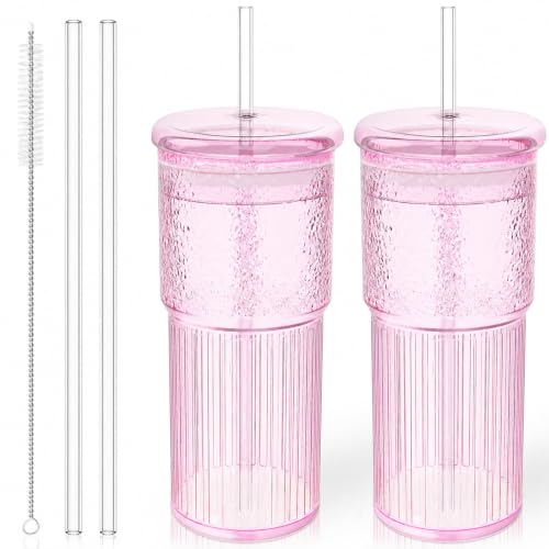 Luiaiog Glass Cups with Lids and Glass Straws, High Borosilicate 20OZ Pink Tumblers (2Pcs) for Coffee, Tea, Juice, Smoothies, Hot & Cold Drinks at Home/Office - color: Pink 2pcs 20oz